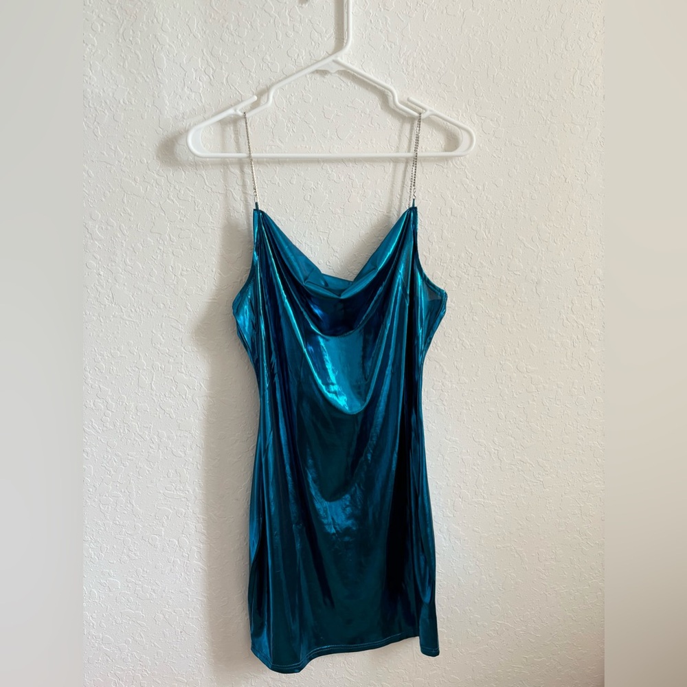 SHEIN blue metallic see thru dress with gems on the straps